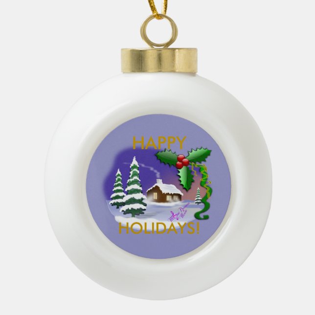 Snow Cottage Happy Holidays Ceramic Ornament Ball (Front)