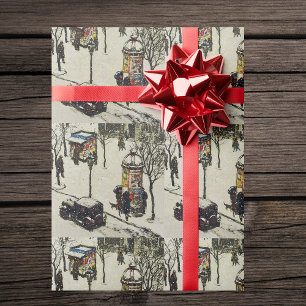 Snow Covered 1920 City Street Cars Winter Birthday Wrapping Paper