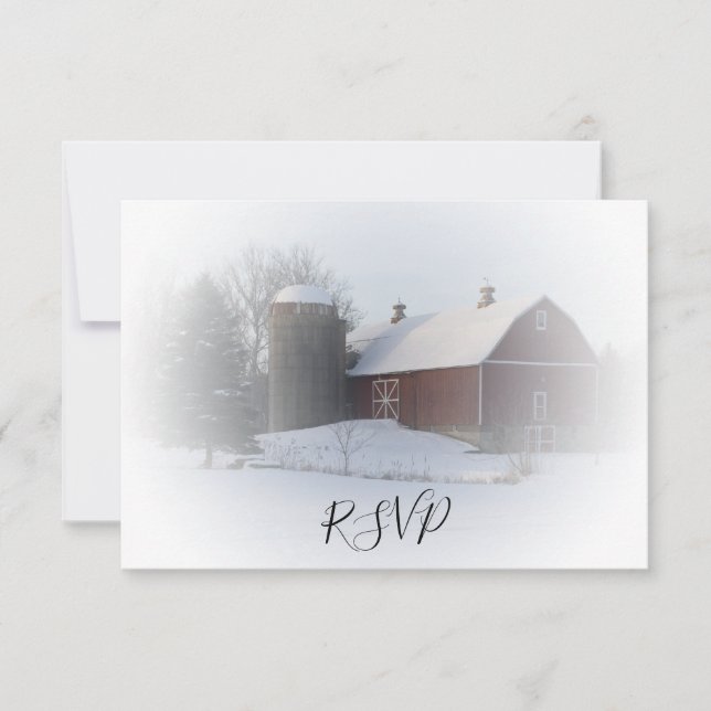 Snow Covered Barn and Silo Winter Wedding RSVP (Front)