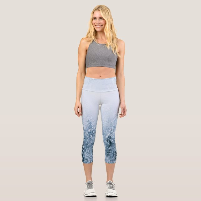 Snow covered beech spruce forest in fog capri leggings (Front)
