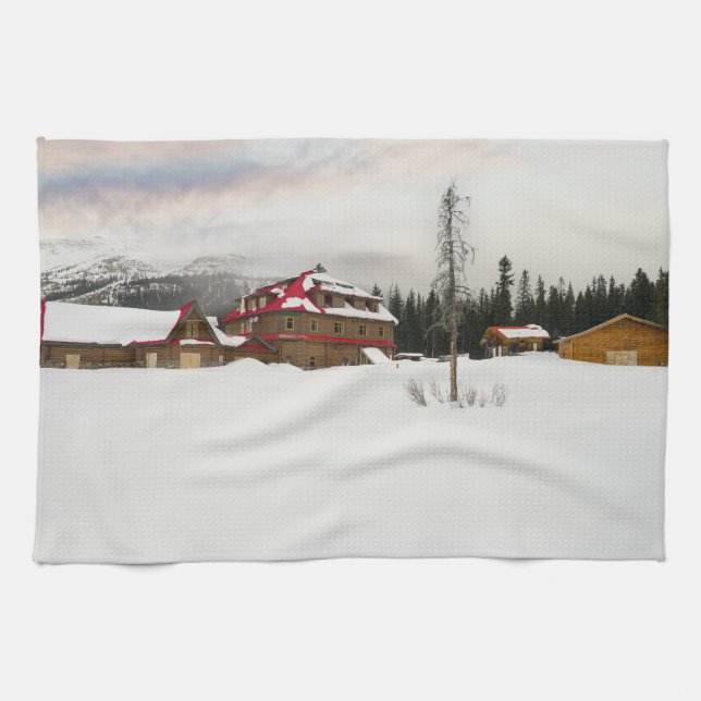 Snow-Covered Bow Lake Lodge Kitchen Towel (Horizontal)