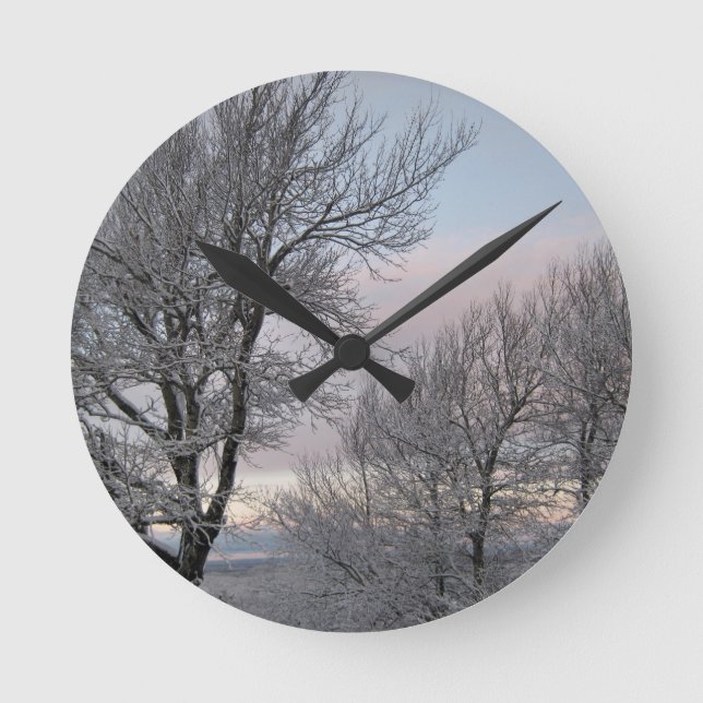 Snow Covered Branches Round Clock (Front)