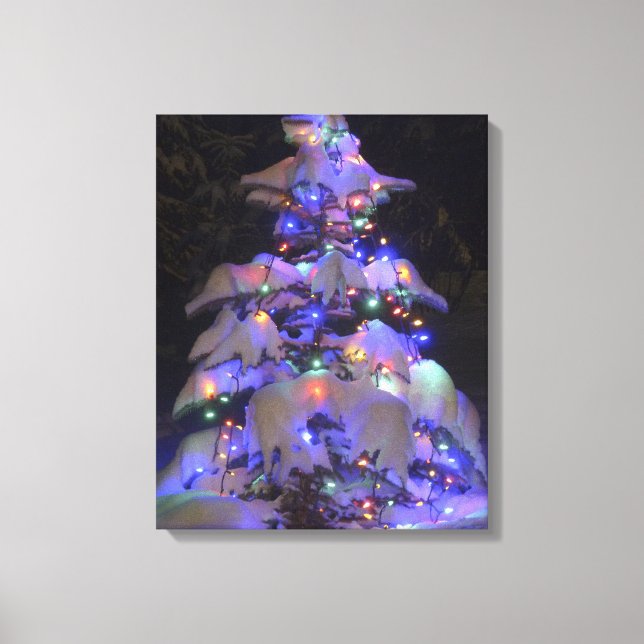 Snow Covered Brightly Lit Christmas Tree Canvas Print (Front)
