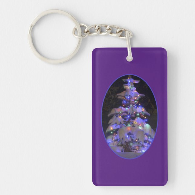 Snow Covered Brightly Lit Christmas Tree Keychain (Front)
