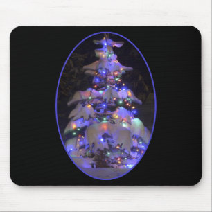 Snow Covered Brightly Lit Christmas Tree Mouse Pad