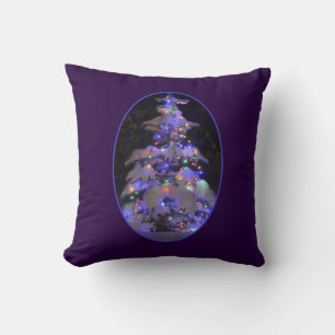 Snow Covered Brightly Lit Christmas Tree Throw Pillow