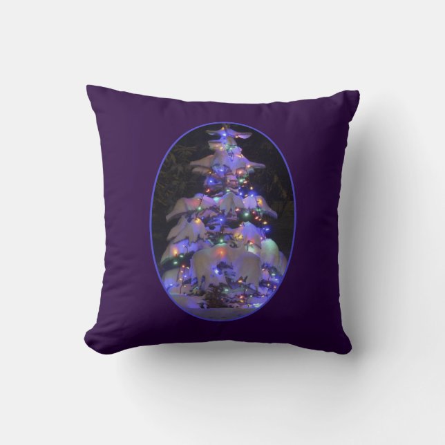 Snow Covered Brightly Lit Christmas Tree Throw Pillow (Front)