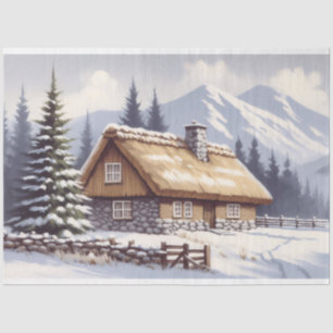 Snow Covered Cabin Winter Watercolor Decoupage Tissue Paper