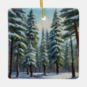 Snow Covered Christmas Pine Forest Oil Painting Ceramic Ornament