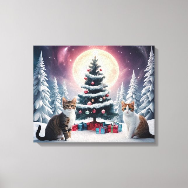 Snow Covered Christmas Tree with Cats Canvas Print (Front)