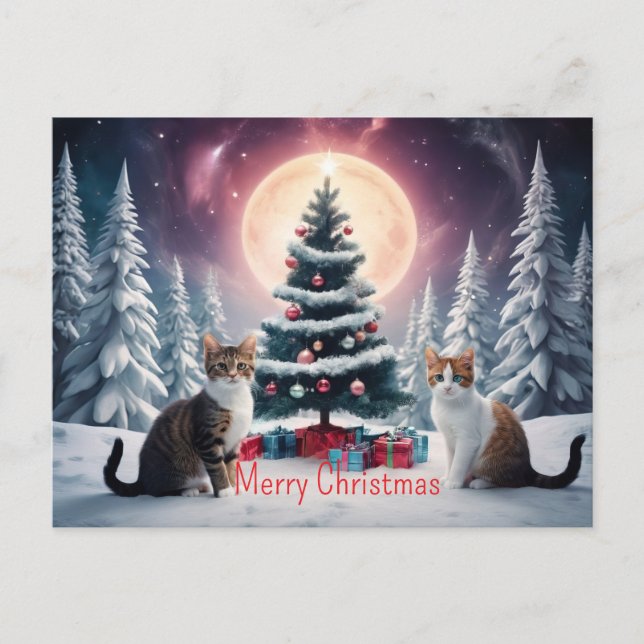 Snow Covered Christmas Tree with Cats Postcard (Front)