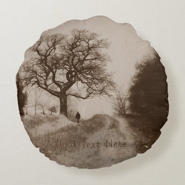snow covered country lane scenic atmospheric photo round pillow (Back)