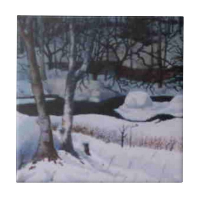 Snow covered Elk River on a grey day Tile (Front)
