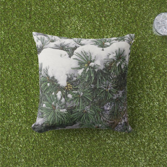 SNOW-COVERED EVERGREEN BOUGHS WITH PINE CONE THROW PILLOW (Grass)