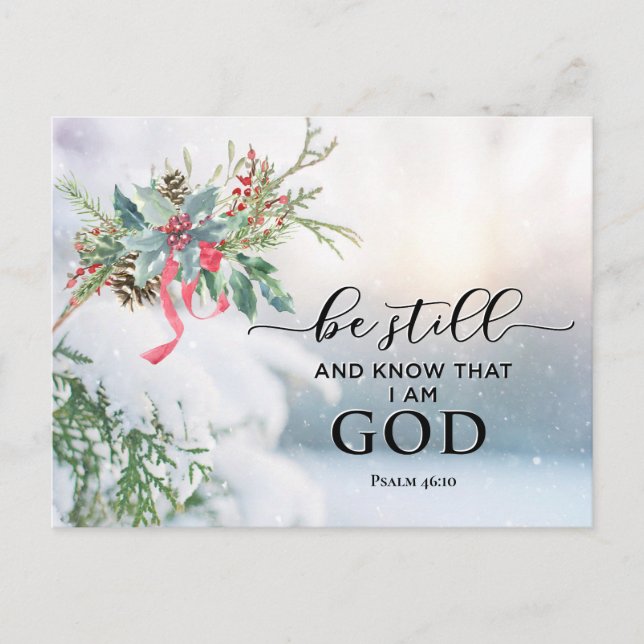 Snow Covered Evergreen Psalm 46:10 Bible Christmas Holiday Postcard (Front)