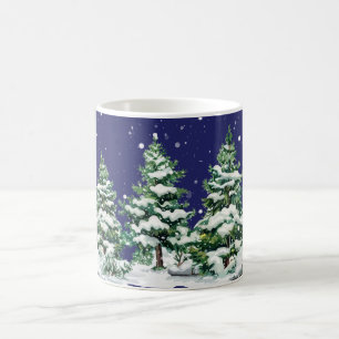 Snow Covered Evergreen Trees with Snow Falling Coffee Mug