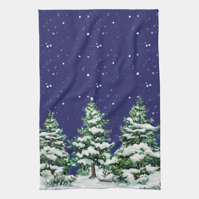 Snow Covered Evergreen Trees with Snow Falling Kitchen Towel (Vertical)