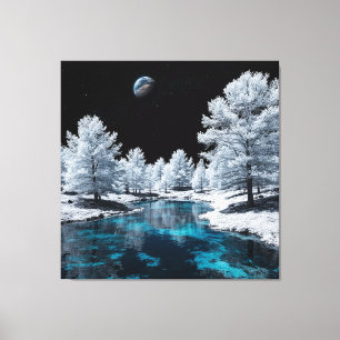 Snow-Covered Forest and Tranquil Lake Under Sky Canvas Print