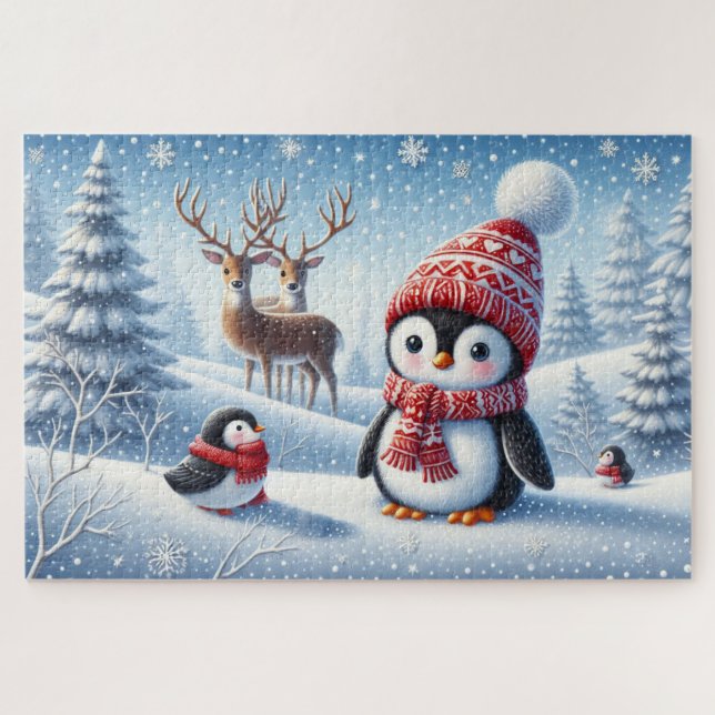 Snow covered forest with penguins and reindeer jigsaw puzzle (Horizontal)