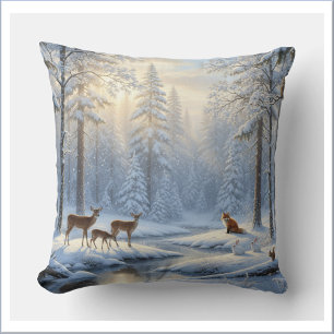 Snow Covered Forest with Woodland Wildlife Throw Pillow