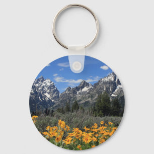 Snow Covered Grand Teton Range with Yellow Flowers Keychain