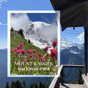Snow Covered Mount Rainier, Indian Paintbrush Postcard