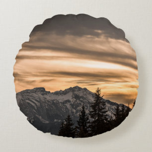 SNOW COVERED MOUNTAIN DURING SUNSET ROUND PILLOW