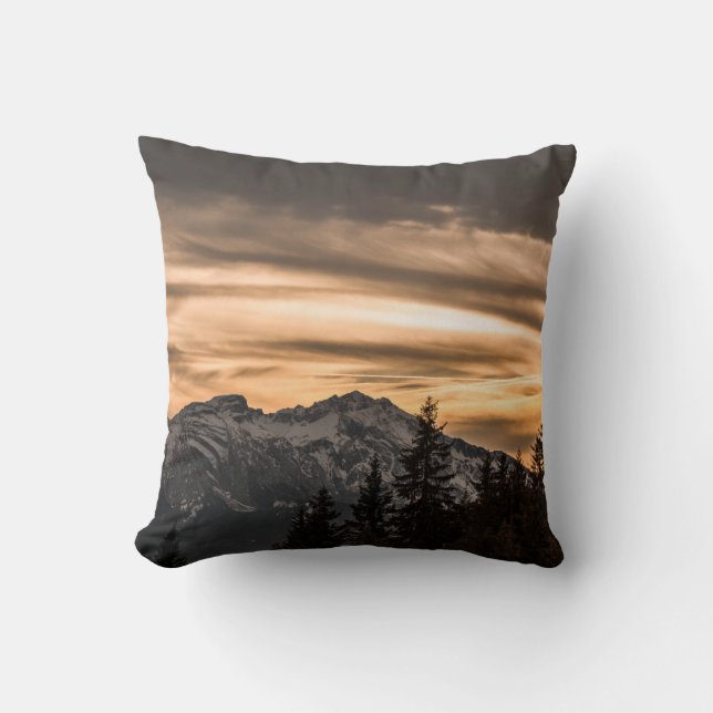 SNOW COVERED MOUNTAIN DURING SUNSET THROW PILLOW (Front)