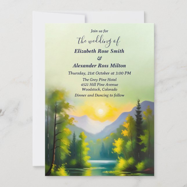 Snow covered mountains and lake landscape wedding invitation (Front)
