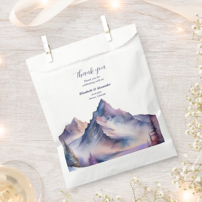 Snow covered mountains landscape wedding favour bag (Clipped)