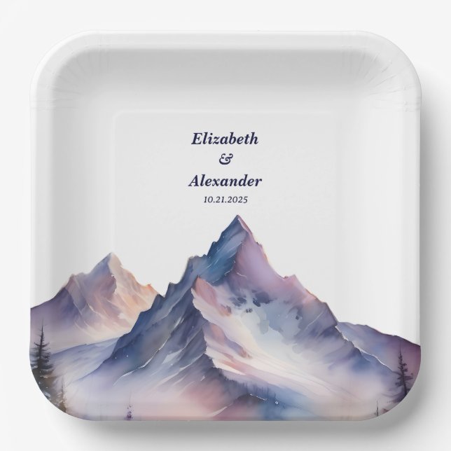 Snow covered mountains landscape wedding paper plate (Front)