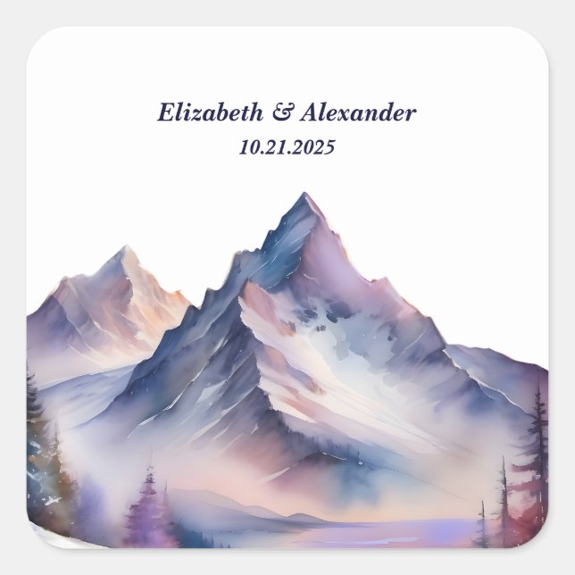 Snow covered mountains landscape wedding square sticker (Front)