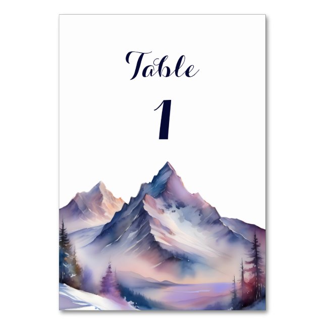 Snow covered mountains landscape wedding table number (Front)