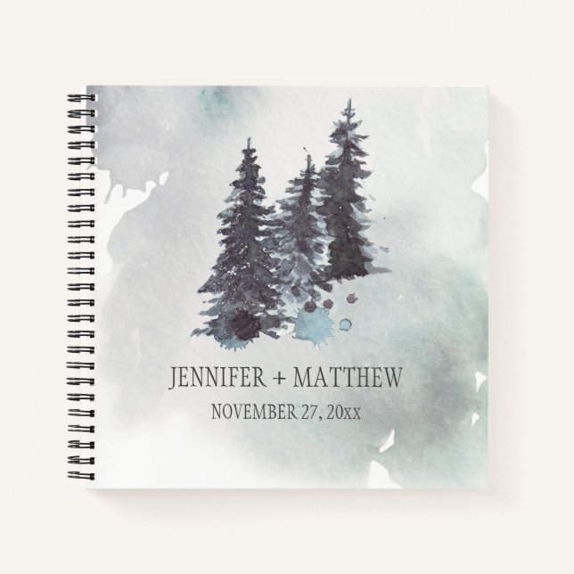 Snow Covered Mountains Pine Trees Wedding Guest Notebook (Front)