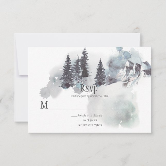 Snow-Covered Mountains Pine Trees Wedding RSVP (Front)