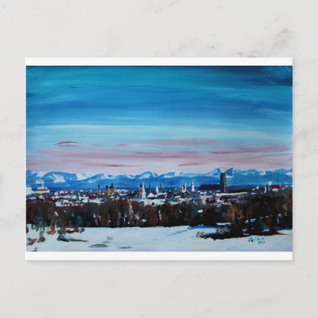 Snow Covered Munich Winter Panorama With Alps Postcard (Front)