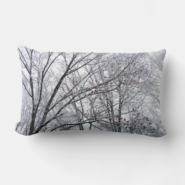 Snow-covered Oak Tree Lumbar Pillow (Front)