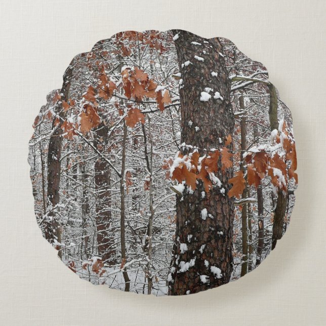 Snow Covered Oak Trees Winter Nature Photography Round Pillow (Front)