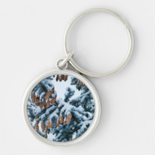 Snow Covered Pine Boughs and Cones Keychain