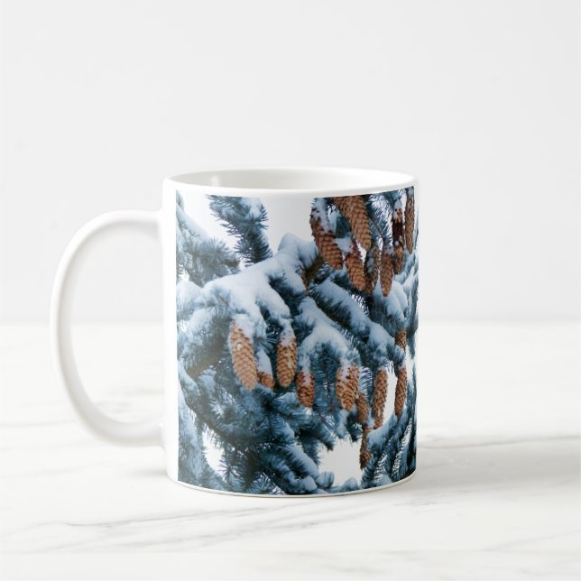 Snow Covered Pine Boughs, Needles and Cones Coffee Mug (Left)
