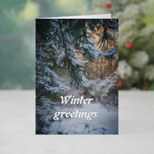 Snow-covered pine branches foil holiday card