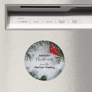 Snow-Covered Pine, Holly Berries, Non Photo Magnet