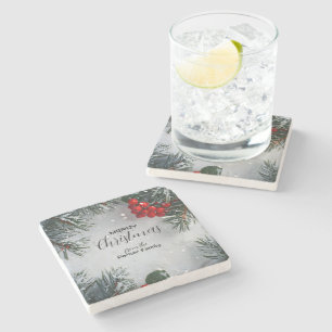 Snow-Covered Pine, Holly Berries, Non Photo Stone Coaster