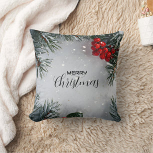 Snow-Covered Pine, Holly Berries, Non Photo Throw Pillow