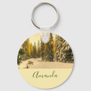 Snow Covered Pine Trees Forest Nature Photo Keychain