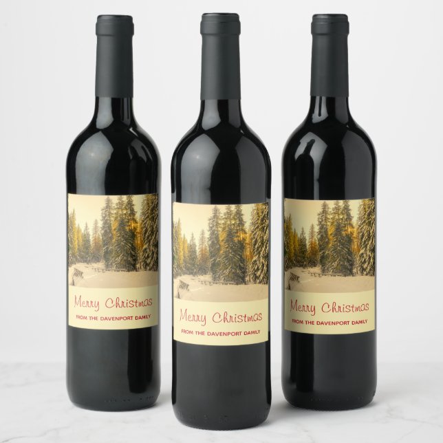 Snow Covered Pine Trees Forest Photo Christmas Wine Label (Bottles)