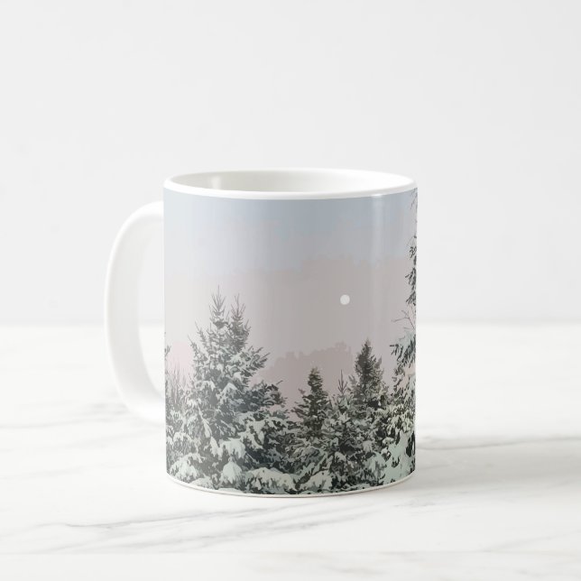 Snow Covered Pine Trees Moon Sunset Coffee Mug (Front Left)