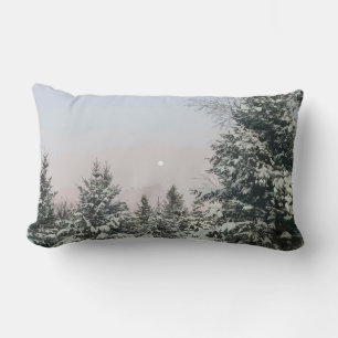 Snow Covered Pine Trees Moon Sunset Lumbar Pillow