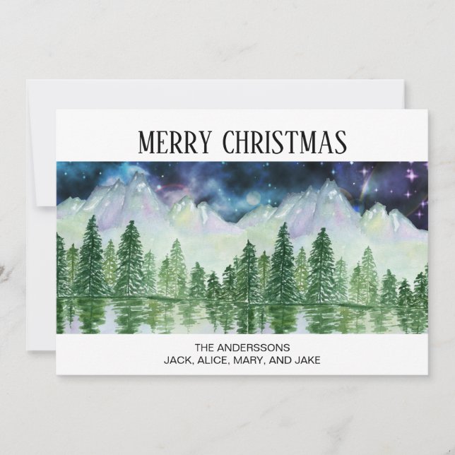 Snow Covered Pine Trees Mountains Night Time  Holiday Card (Front)