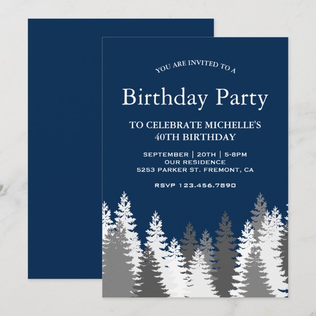 Snow Covered Pine Trees Navy Blue Birthday Party Invitation (Front/Back)